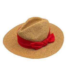 LOFT S/M Fedora Straw Hat 3" Brim Red Ribbon Bow